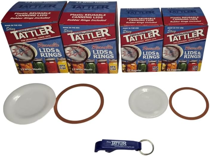 Tattler E-Z Seal Reusable Canning Lids and Rings Set, 2 Dozen Regular Mouth + 2 Dozen Wide Mouth, BPA Free, USA Made, Includes Free Jar Opener!