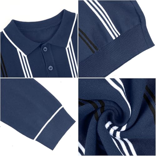 Lexiart Men's Knit Polo Sweater Long Sleeve Striped Dressy Thermal Basic Button Collar Sweater4