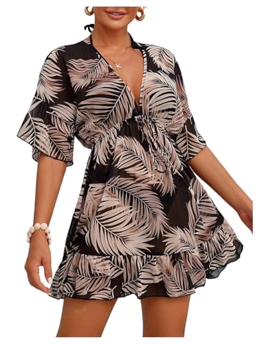 SweatyRocks Women's Beach Swimsuit Coverup Tropical Print Deep V Neck Half Sleeve Sheer Cover Up Dress Black Large