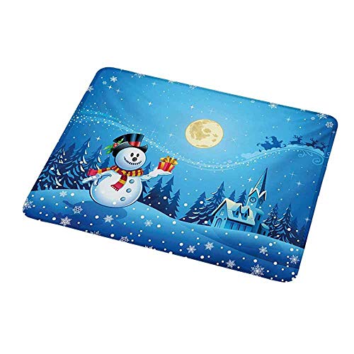 Preisvergleich Produktbild Mousepad wasserdichtes rutschfestes Gummi Weihnachten, Schneemann bekommt das Geschenk vom Weihnachtsmann in der Winternacht Mondschein Illustration, Blau Gelb für Frauen