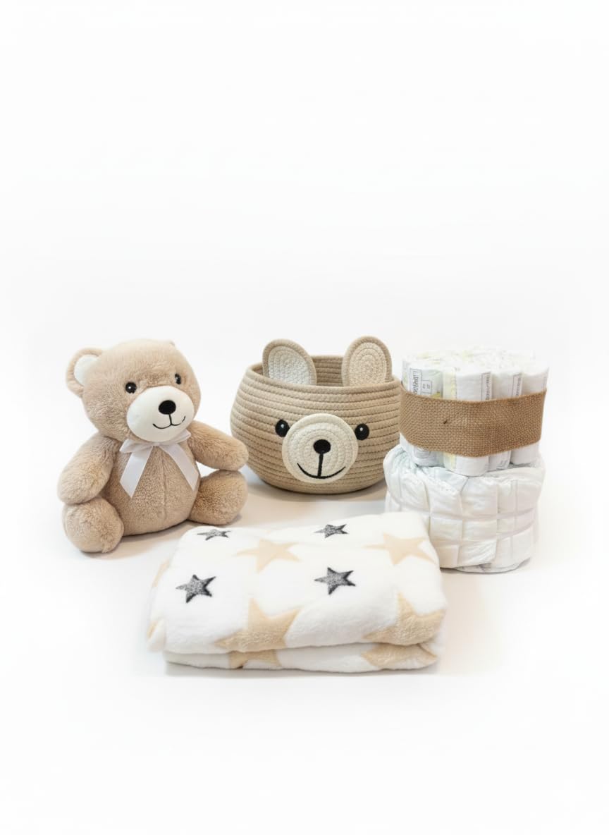 Tarta Pañales para Bebé Recien Nacido con Cesta Regalo con Peluche Oso Marrón y Manta con Dedicatoria Canastilla Bebe Original Sensitive Unisex Detalle Nacimiento Baby (2 Pisos 25 Pañales Talla 2)