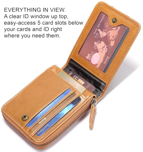 Image of BULLCAPTAIN Men's Leather Wallet Zipper Around RFID Blocking Wallets Bifold Multi Card Holder Purse (Yellow-brown)