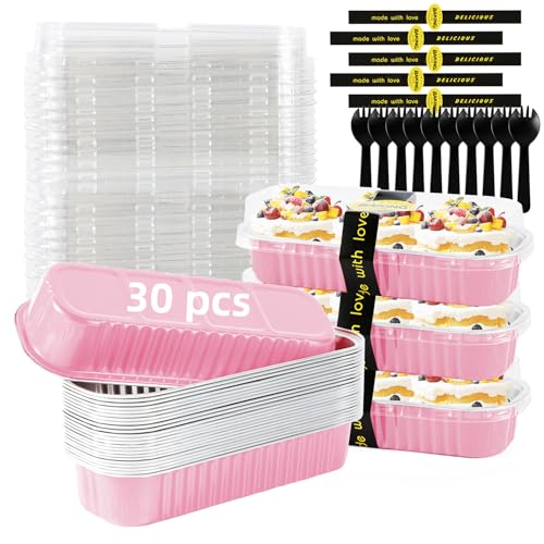 Orlashop 30 Pack Pink Disposable Rectangular Aluminum Foil Loaf Pans with Lids,6.8oz Mini Cake Pans for Baking, Loaf Baking Pans, Small Cake Container