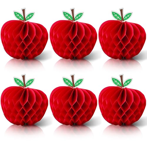 6 Pack 4.3 x 5.7 Inch Apple Honeycomb Decorations Stand or Hang Tissue Paper Centerpieces 3D Red Fruit Ornaments for Back to School Teacher Appreciation Fall Harvest Classroom Table Decor