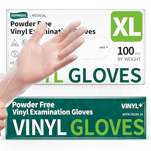 Supmedic Vinyl Disposable Exam Gloves Clear 4 Mil Powder-Free Latex-Free Medical Food-Safe Cooking Cleaning Glove 100 Pcs (X-Large)