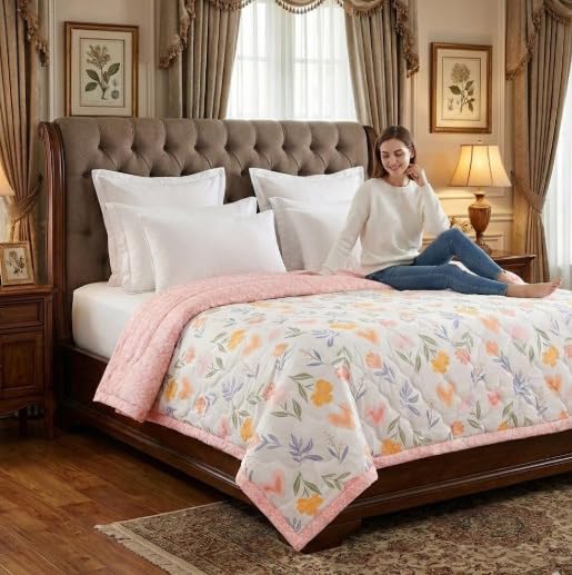 Image of Summer Blanket 100% Cotton Reversible Ac Comforter and Cooling | Classic Printed Design | Quilt | Dohar Single /Double Bed Quilt Ideal for Gifting (Pink, Single)