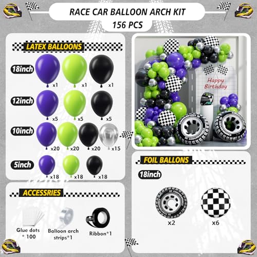 Image of Monster Truck Balloon Arch Garland Kit 156pcs, Green Purple Black Silver Big Wheels Race Car Balloons Arch Kit for Two Fast Theme Boy Birthday Anniversary Monster Truck Party Decorations