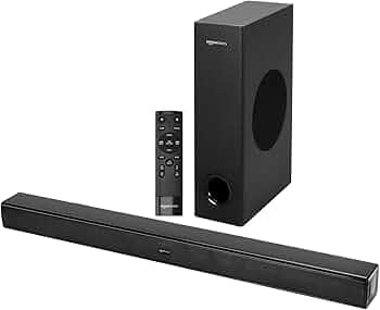 amazon basics Soundbar with Wired Subwoofer, 90W RMS, 2.1 Channel, Remote Control, BT v5.3, HDMI (ARC Cable), Optical, Aux, USB, Compatible with TV, S...