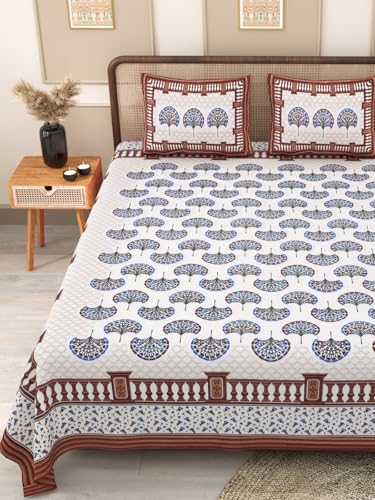 Image of 144 TC 100% Cotton Bedsheet for Double Bed King Size with 2 Pillow Covers | Breathable & Super Soft Rajasthani Sanganeri Jaipuri Printed Bed Sheet - 90 * 108 Inches (Jaipuri)