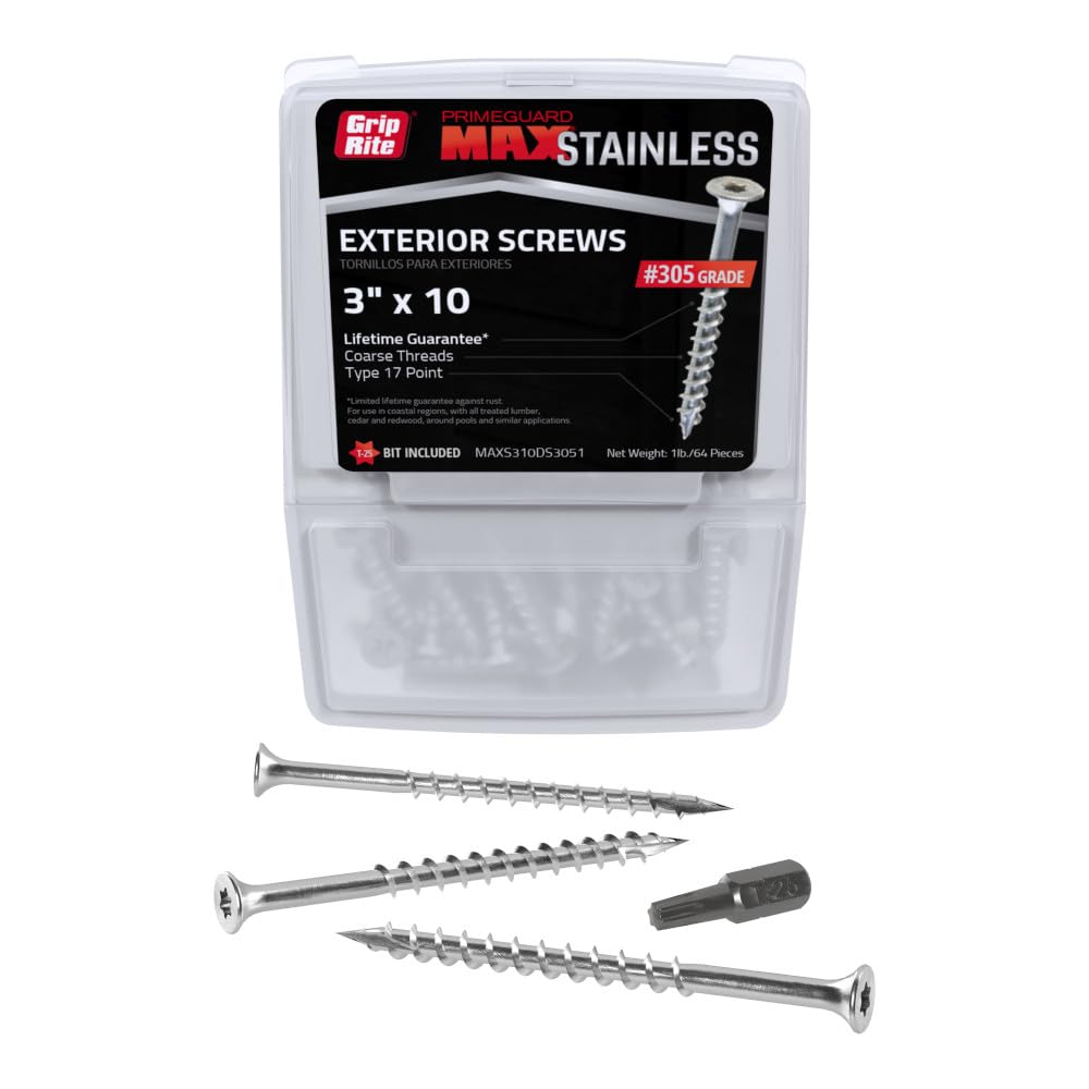 Grip-Rite PrimeGuard Max MAXS214TH305BK, #7 x 2-1/4" Trim Screw, T15 Star Drive, 305 Stainless Steel, 3000 Screws