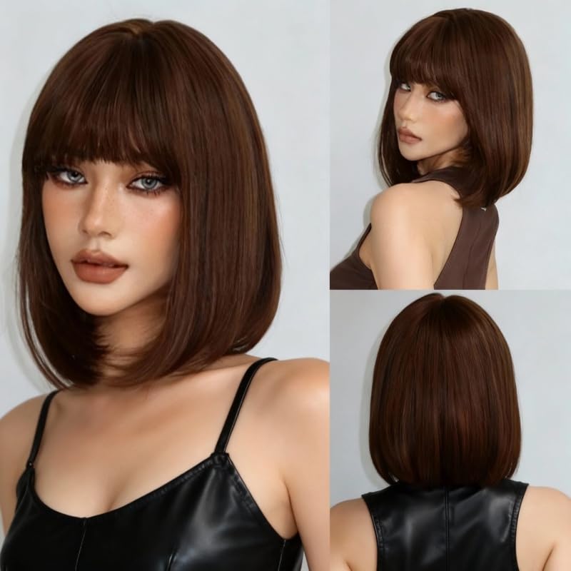 Short Straight Bob Brown Human Hair Wigs With Bangs Natural Look Glueless For Women Daily Use (Dark Brown)