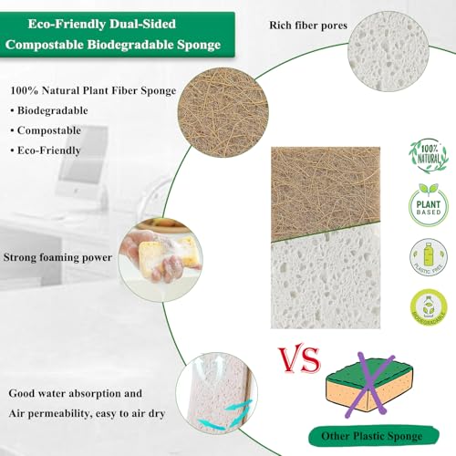 Image of Natural Kitchen Sponge Compostable Kitchen Sponges Cellulose and Coconut Scrubber Abrasive Scrubbing Pads SmilePowo Environmentally Friendly Sponge for Dishes (12 Pack)