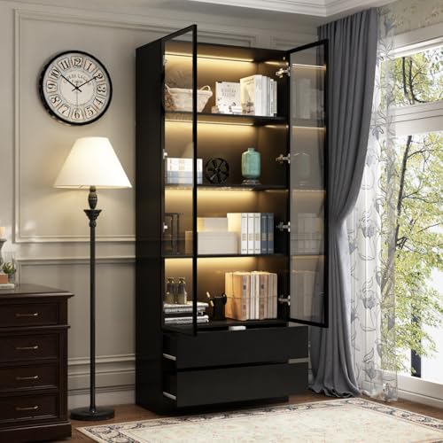 Miniatura 5 de Dezagce Vitrina Con Puertas De Cristal, Estantería De Pie Para Salón, Dormitorio, Comedor, Oficina, Cocina, 80 X 36 X 200 Cm, Mdf, Negro