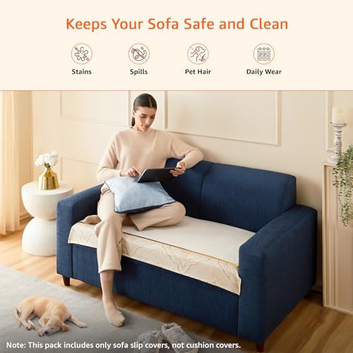 Image of Amazon Basics Knitted Fabric Sofa Cover for Two Seater, Classic Plaid, Non-Slip Sofa Pad, 70x120 cm, Soft Silicone Grip Dots, 100% Polyester, Machine Washable - Off-White