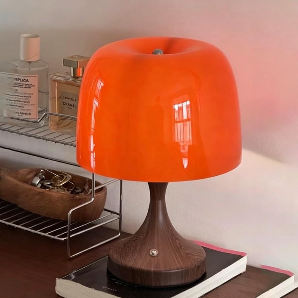 LED Orange Pilzlampe Akku Kabellose Tischlampe Pilz Glas Lampenschirm Batteriebetriebene Pilz Lampe USB Aufladung Innen 3 Helligkeitsstufen Tischleuchte USB Wiederaufladbarem Wohnzimmerlampe