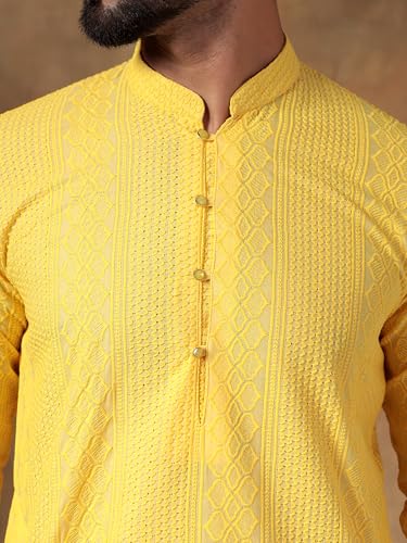 Image of Men's Solid Regular Fit Ethnic Wear White Kurta Pajama Set with Front Pocket