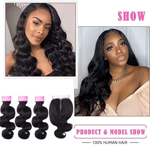 Sexycat Body Wave Bundles with 4x4 Lace Closure Human Hair 14 16 18+12 Inch 100% Unprocessed Brazilian Virgin Hair Extensions Weave Weft Bundles with Middle Part Closure - Image 3