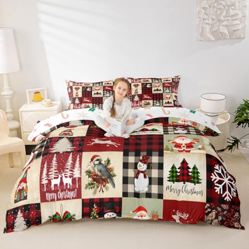 Castle Fairy Christmas Trees Bedding Set Santa Claus Duvet Cover for Kids Teen Boys Girls Stripes Grid Comforter Cover Decorative Room Xmas Theme Quilt Cover with 2 Pillowcases King Size(No Comforter)