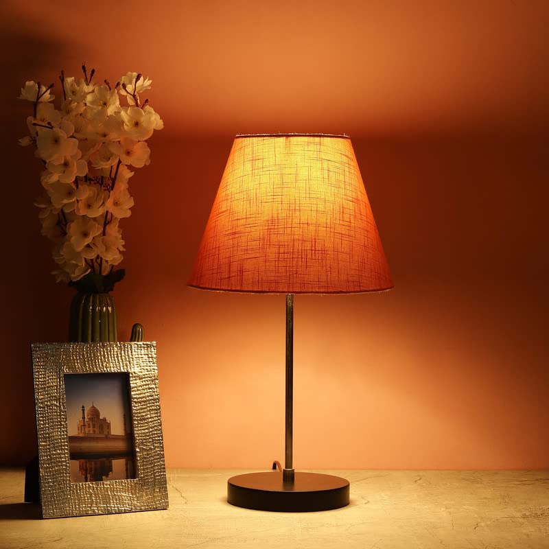 Image of Silver Table Lamp with Handmade Conical Orange Texture Shade, Minimalist Design, for Couple Dinner /Coffee Table /Restaurant /Bedroom, On /Off Switch Long Wire