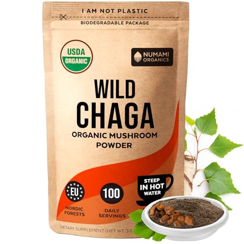 Organic Chaga Mushrooms Powder - Fine Powder to Make Chaga Tea for Immune Defense and More Energy Organic Chaga is Wild Grown and Sustainably Harvested in Europe Certified USDA Organic 100 servings