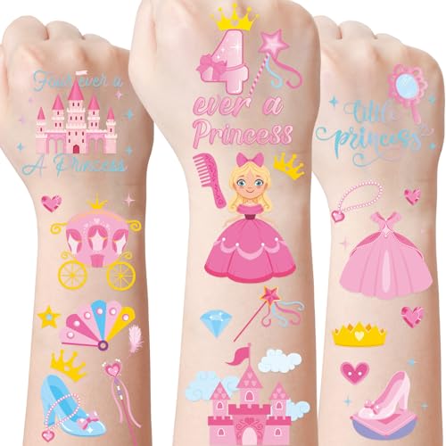 Princess Temporary Tattoos for Kids - 8 Sheets 320 Pcs Cute Cartoon Magic Castle Fairy Fake Tattoo Stickers for Girls Four Ever a Princess Birthday Party Supplies Decorations Classroom Rewards