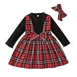 Kleinkind Mädchen Langarm Plaid Prints Bowknot Kleid Stirnbänder Outfits Röcke (Black, 2-3 Years)