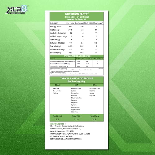 Image of XLR8 Whey Protein, Protein Powder with 24 g Protein Content & 5.4 g BCAA (907 g (Pack of 1), Kesar Badam)