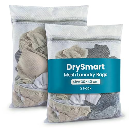 DrySmart 2 Pack Mesh Laundry Bags for Washing Machine 30x40cm Reusable Delicates Washing Bag Durable Fine Net for Clothes Socks Underwear Bra & Travel Storage