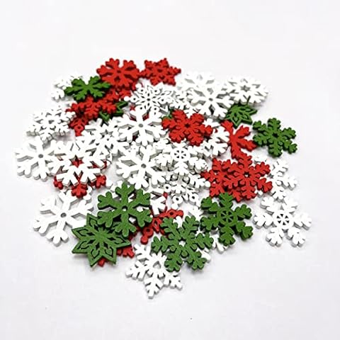Hangood Wooden Buttons Christmas Snowflake Red Green White Mixed Random 2 Holes 50pcs for Sewing Crafts Clothes 25mm Cover