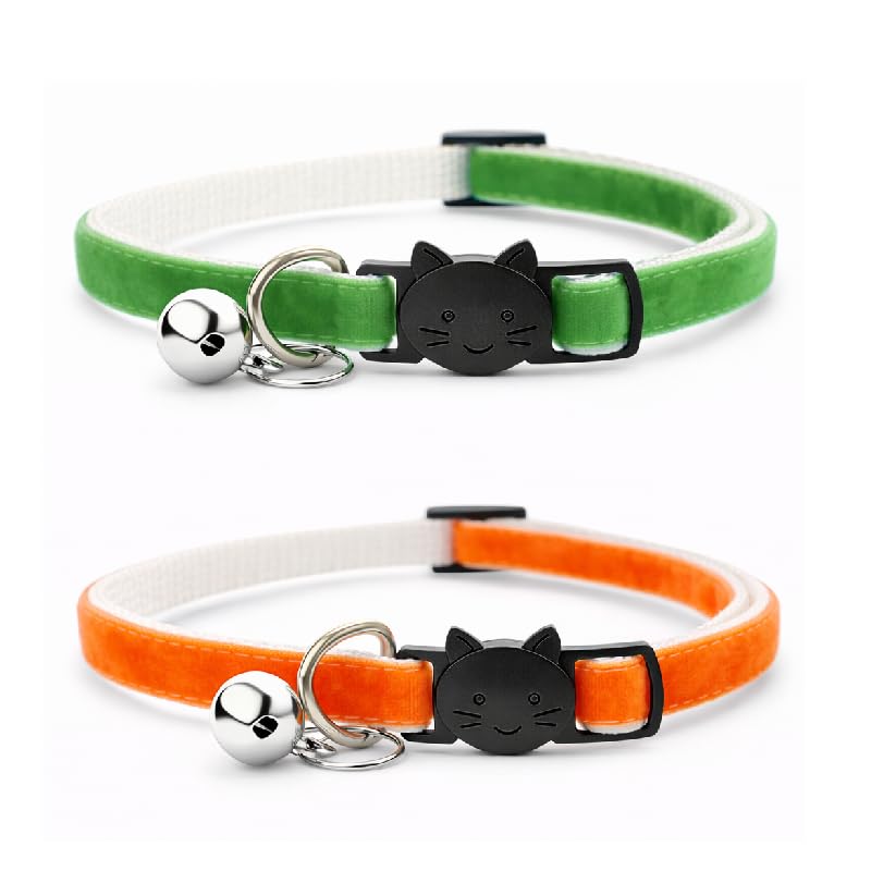 Velvet Cat Collars with Bell. Safe Quick Release Breakaway Buckle | Zacal Cat Collars (Apple Green & Orange, Pack of 2)