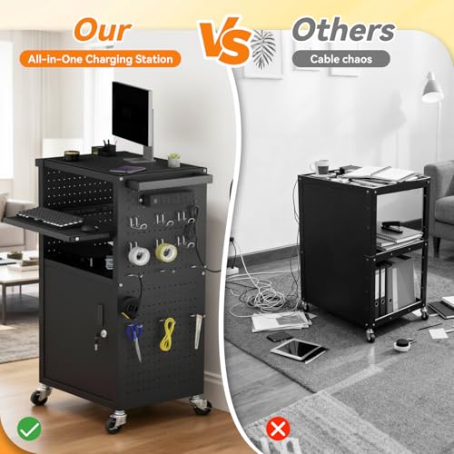 Jasdego Mobile AV Cart - Heavy Duty Computer Cart with Cabinet, Rolling Media Cart with 4 Outlets & Pullout Keyboard Tray, Lock Brake Wheels Mobile Computer Workstation, Customized Pegboard & Hooks