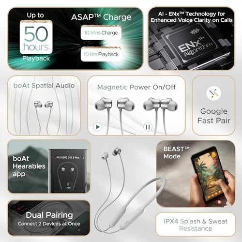 Image of Boat Rockerz 255 Z Plus,AI-Enx Tech,Spatial Audio,50HRS Battery,Low Latency Mode,Fast Charge,App Support,IPX4,GFPS,BT V5.3,Bluetooth Neckband,Wireless with Mic in Ear Earphones (Slate Grey)