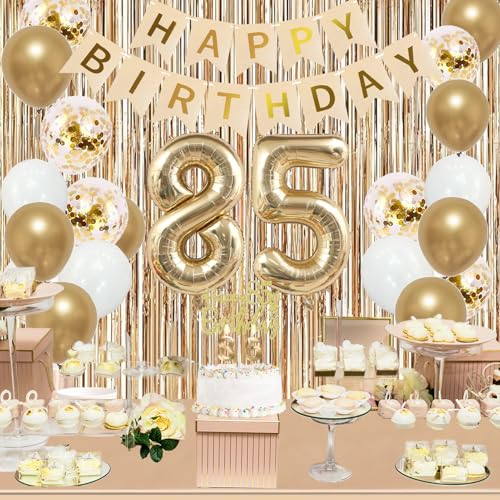 Image of Trgowaul 85th Birthday Decorations for Women, Banner, Sash and Crown, Cake Topper, 85 Number Balloon, Fringe Curtains, Champagne Gold 85th Birthday Party Supplies