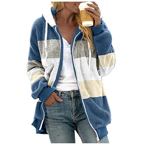 SHAOBGE Oversized Fuzzy Fleece Jackets For Women Fashion 2024 Color Block Faux Fur Cardigan Coat Shaggy Warm Winter Outerwear