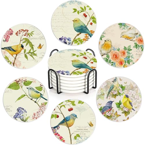 Coaster for Drinks Set of 6 Vintage Watercolor Bird Flower Absorbing Round Ceramic Stone Coaster with Cork Base Tabletop Protection Mat for Mugs and Cups Coffee Table Wine Glass Home Bar 4 Inch