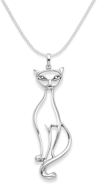 Sterling Silver Cat Necklace on Silver chain - SIZE: 39mm x 10mm - Gift Boxed. Silver cat pendant. FOR STRONGER THICKER CHAIN please choose 17" which is 1.5mm thick - 16 & 18" are 1.2mm thick. 8114