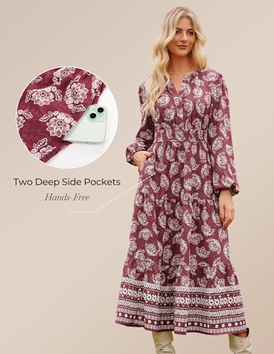 GRACE KARIN Women Fall Wedding Guest Dresses 2025 Floral Long Sleeve Maxi Dress Boho V Neck Empire Waist Dress3