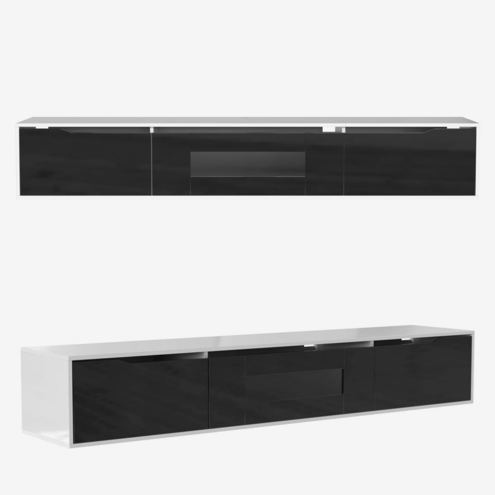 KOMHTOM Armoire TV en blanc brillant avec plateau de table couleur bois, buffet avec trois compartiments de rangement spacieux, armoire polyvalente pour salon et chambre à coucher (noir + blanc)