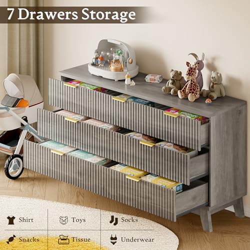 Image of BORNOON Fluted 7 Drawer Dresser, 47.2 inch Wide Modern Boho Chest of Drawers, Wooden Storage Dresser TV Stand for Bedroom, Living Room, Closet, Hallway, Curved Profile Design