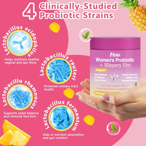 Image of Feminine Vaginal Probiotics Gummies, Supports pH Balance & Digestive Health, Slippery Elm for Women, Suagr-Free, Veagn, Pineapple Flavor, 60 Count
