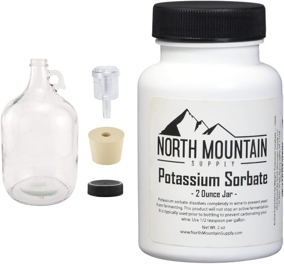 1 Gallon Glass Fermenting Jug with Handle, 6.5 Rubber Stopper, 2-Piece Airlock, Black Plastic Lid - Set of 1 & Food Grade Potassium Sorbate Stabilizer - 2 Ounce Jar