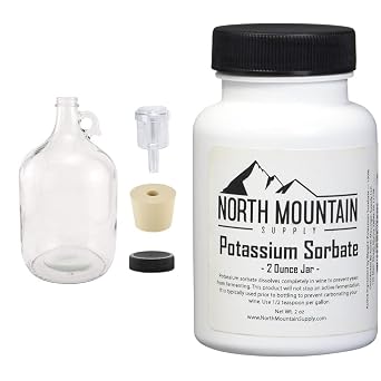 North Mountain Supply 1 Gallon Glass Fermenting Jug with Handle, 6.5 Rubber Stopper, 2-Piece Airlock, Black Plastic Lid - Set of 1 & Food Grade Potassium Sorbate Stabilizer - 2 Ounce Jar