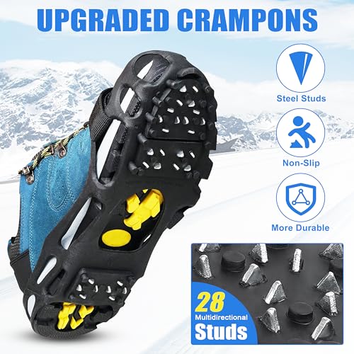 Ice Cleats for Shoes and Boots - 28 Studs Snow Grippers With Adjustable Straps for Women Men - Non-Slip Crampons for Winter Hiking, Walking, Ice Fishing
