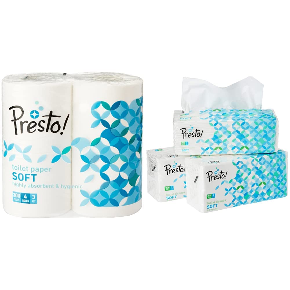 Amazon Brand - Presto! 3 Ply Toilet Paper Tissue Roll - 4 Rolls (300 Sheets Per Roll) & Amazon Brand - Presto! 2 Ply Facial Tissue Soft Pack - 200 Pulls (Pack of 3) (B08217L4TR) Amazon Price History, Amazon Price Tracker