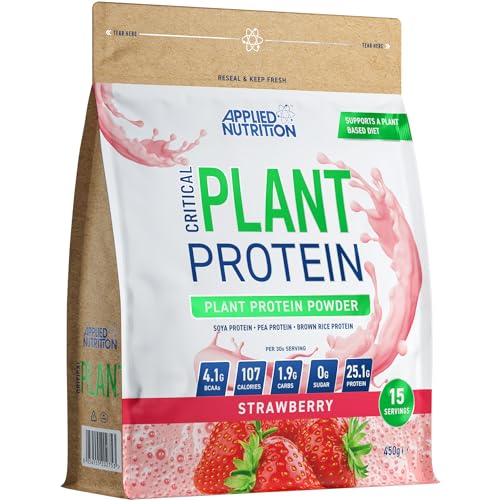 Applied Nutrition Critical Plant - Eiweiss Protein Pulver – Veganes Proteinpulver mit Soja, Erbsen und Reisproteinen & Essenziellen Aminosäuren (450g, Strawberry)