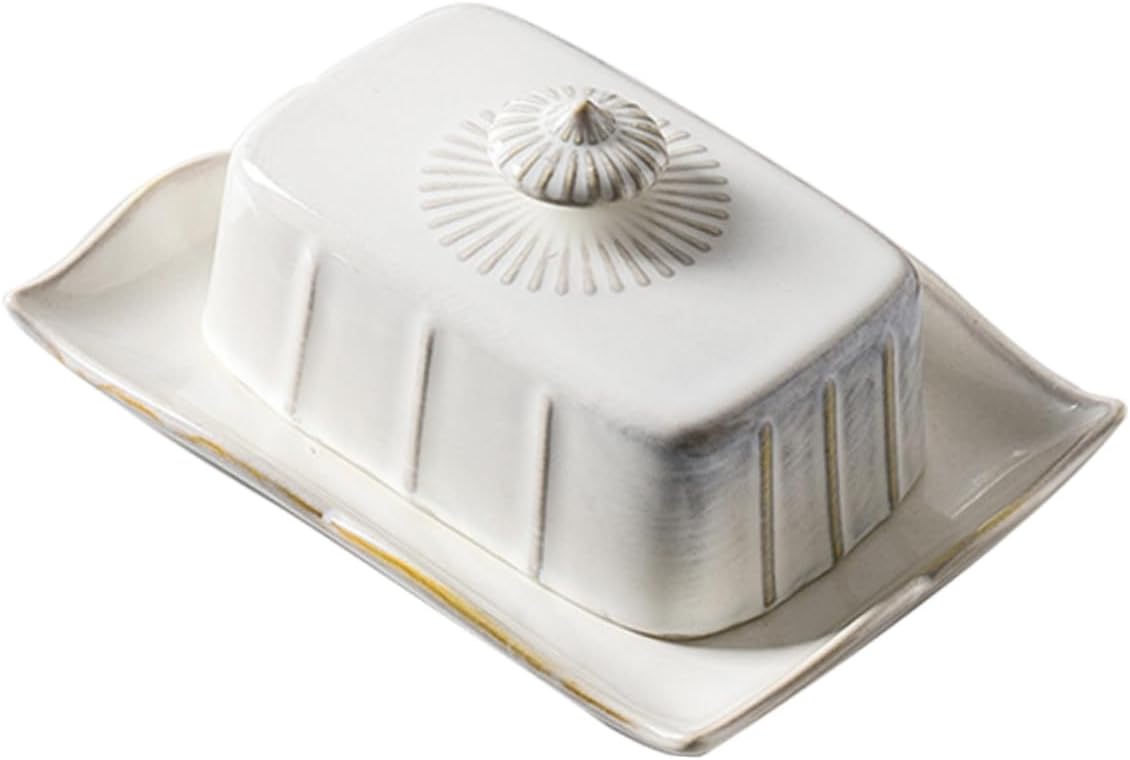 Ceramic Butter Plate with Lid Smooth Butter Server Snack Service Plate for Home Kitchen Dessert Storage and Cheese Holder White