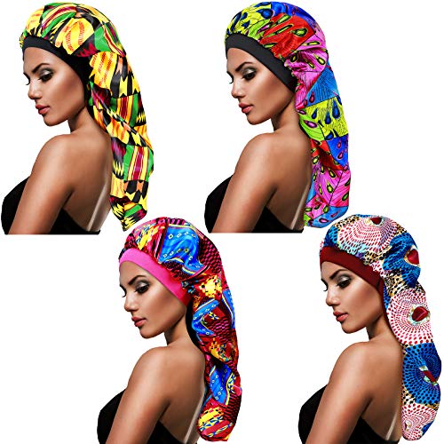 4 Pieces Extra Long Satin Bonnet Satin Sleep Cap Loose Cap Bonnets Night Sleeping Hat for Braid Long Curly Natural Hair