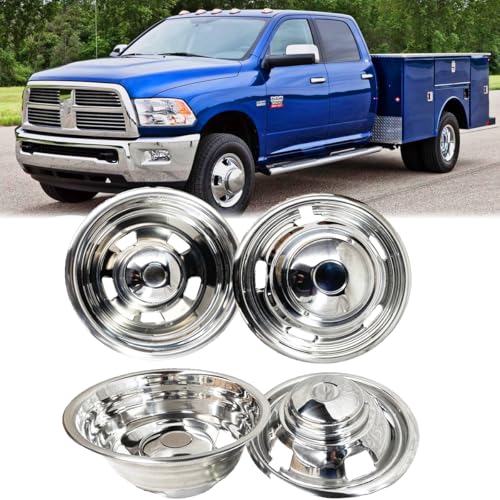 Image of 17 inch Dually 8 Lug Wheel Simulators for Ram 3500 03-18 | 304 Stainless Steel, 5 Vent Holes, Bolt On Hub Caps, Front Rear Polished, Fits 2003-2018 Dodge Ram 3500