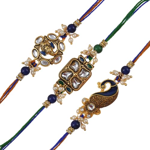 Image of eCraftIndia Set of 3 Lord Ganesha Peacock Floral Kundan Designer Rakhi for Brother with Best Bro Ever Fridge Magnet & Roli Chawal Pack | Raksha Bandhan Rakhi Combo | Traditional Festive Thread Set