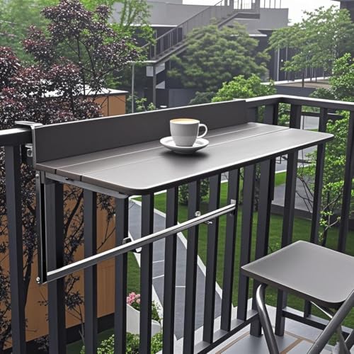 Mesa colgante plegable de aluminio para barandilla de balcón, escritorio al aire libre que ahorra espacio para patio y terraza, diseño abatible fácil de instalar, perfecto para espacios pequeños